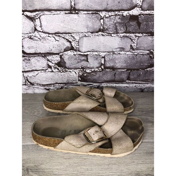 Birkenstock ARIZONA Beige Metallic Leather Strap Slides Sandals Women Sz 38EU/7M - Picture 12 of 16